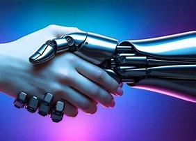 IA para reconocimiento de marcas Mano humana y mano robótica se entrelazan en un fondo de luces brillantes.